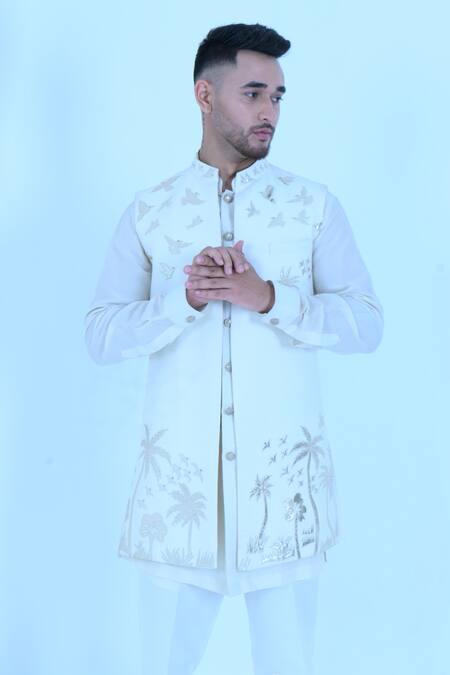 Shop_Zardozi Zari_White , Satin Zari, Embroidery Bird Long Bundi And Kurta Set _Online_at_Aza_Fashions