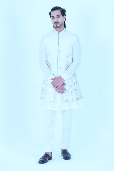 Zardozi Zari_Ivory Silk Patchwork, Embroidery Bundi Set _Online_at_Aza_Fashions