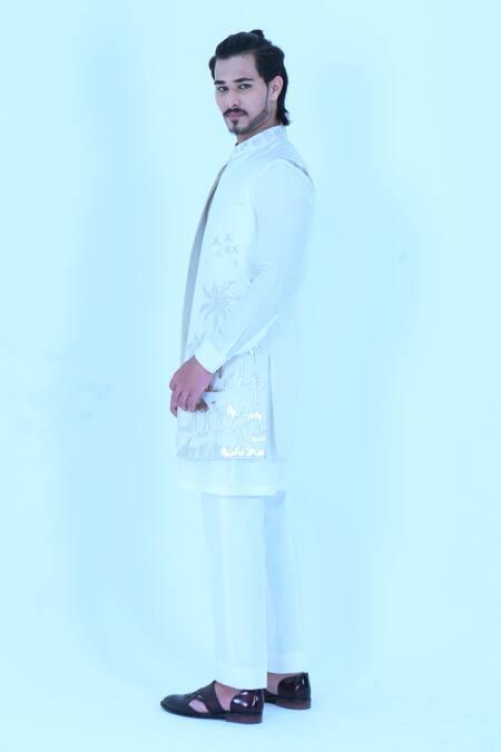 Zardozi Zari_Ivory Silk Patchwork, Embroidery Bundi Set _at_Aza_Fashions