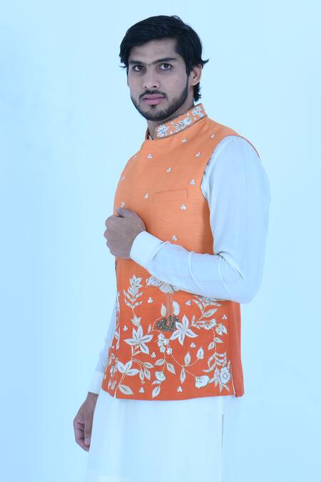 Zardozi Zari_Orange Silk, Cotton Embroidery, Sequins, Cut Work Bird Tangerine Bundi Set _Online_at_Aza_Fashions