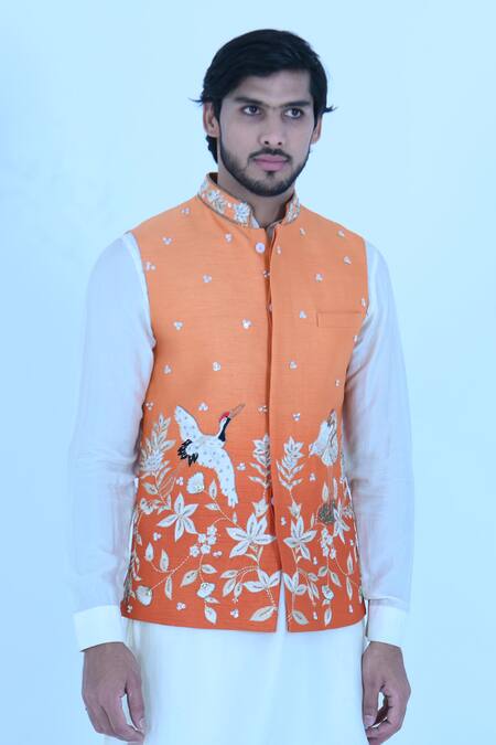 Buy_Zardozi Zari_Orange Silk, Cotton Embroidery, Sequins, Cut Work Bird Tangerine Bundi Set _Online_at_Aza_Fashions