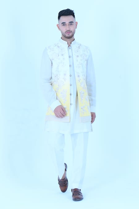 Zardozi Zari Yellow Ombre Embroidered Bundi & Kurta Set 