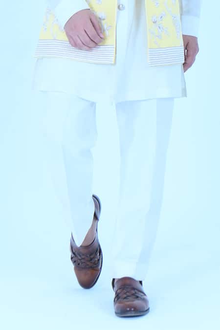 Buy_Zardozi Zari_Yellow Silk, Cotton Embroidery Ombre Bundi And Kurta Set _Online_at_Aza_Fashions