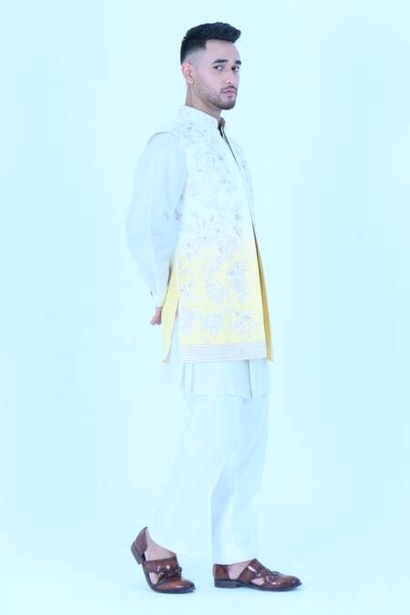 Buy_Zardozi Zari_Yellow Silk, Cotton Embroidery Ombre Bundi And Kurta Set 