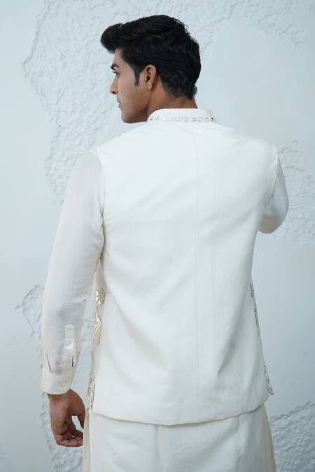 Zardozi Zari_Ivory Silk Embroidery, Patchwork Floral Bundi Set _at_Aza_Fashions