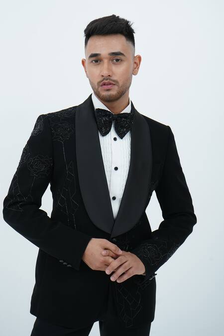 Zardozi Zari_Black Cotton Zari, Embroidery Zardozi Tuxedo Set _Online_at_Aza_Fashions