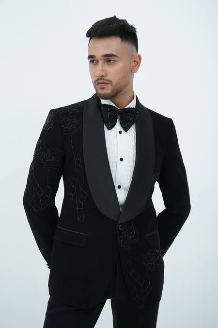 Shop_Zardozi Zari_Black Cotton Zari, Embroidery Zardozi Tuxedo Set _Online_at_Aza_Fashions