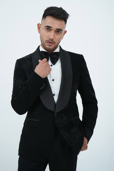 Zardozi Zari_Black Cotton Zari, Embroidery Zardozi Tuxedo Set _at_Aza_Fashions