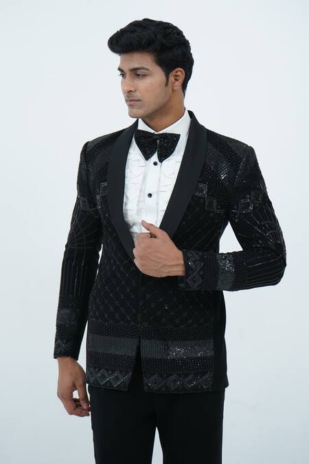 Zardozi Zari_Black Cotton Zari Checkered Embroidered Tuxedo Set _Online_at_Aza_Fashions