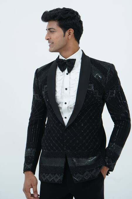 Buy_Zardozi Zari_Black Cotton Zari Checkered Embroidered Tuxedo Set _Online_at_Aza_Fashions