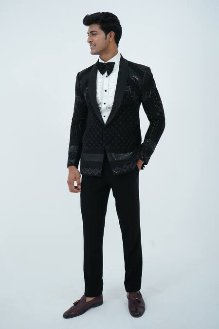 Zardozi Zari_Black Cotton Zari Checkered Embroidered Tuxedo Set _at_Aza_Fashions