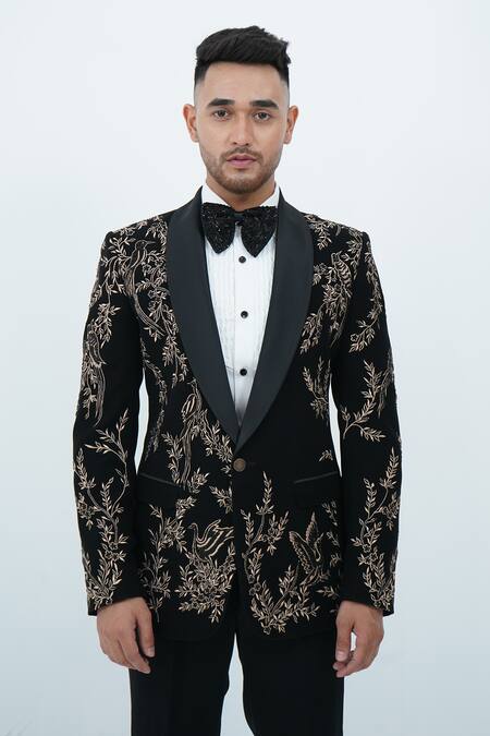 Zardozi Zari_Black Cotton Embroidery Bird Tuxedo Set _Online_at_Aza_Fashions