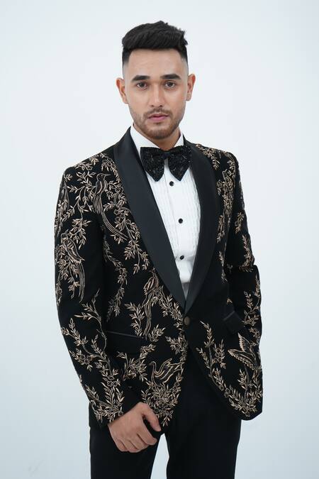 Buy_Zardozi Zari_Black Cotton Embroidery Bird Tuxedo Set _Online_at_Aza_Fashions