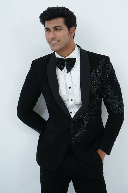 Zardozi Zari_Black Silk, Cotton Zari, Beads Zardosi Embroidered Tuxedo Set _Online_at_Aza_Fashions