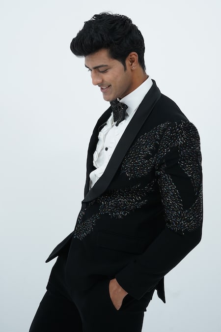 Shop_Zardozi Zari_Black Silk, Cotton Zari, Beads Zardosi Embroidered Tuxedo Set _Online_at_Aza_Fashions
