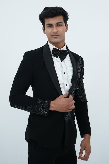 Zardozi Zari_Black Silk, Cotton Zari, Beads Zardosi Embroidered Tuxedo Set _at_Aza_Fashions