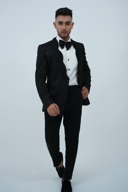 Buy_Zardozi Zari_Black Cotton, Silk Beads, Zari Zardosi Embroidered Tuxedo Set _Online_at_Aza_Fashions