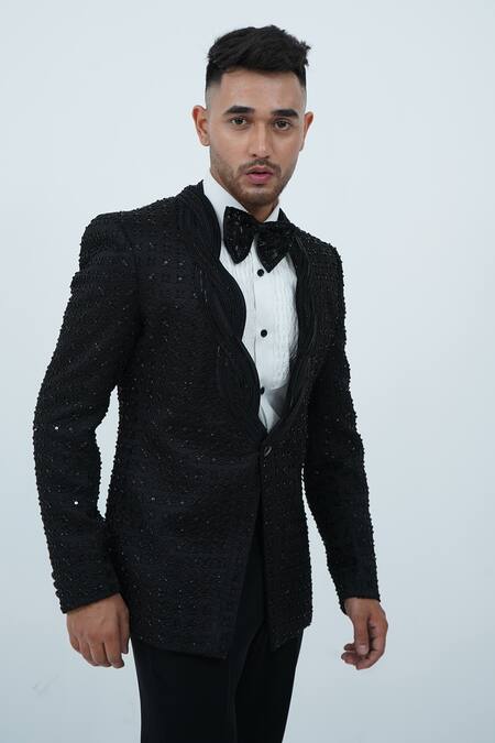 Buy_Zardozi Zari_Black Cotton, Silk Beads, Zari Zardosi Embroidered Tuxedo Set 