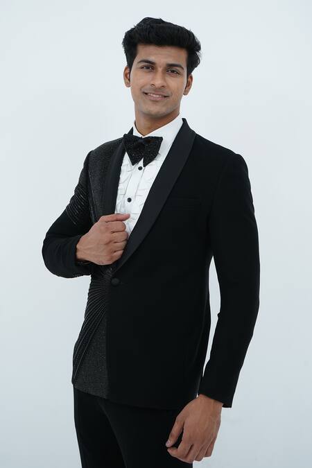 Buy_Zardozi Zari_Black Cotton Zari, Beads Geometric Pattern Embroidered Tuxedo Set _Online_at_Aza_Fashions