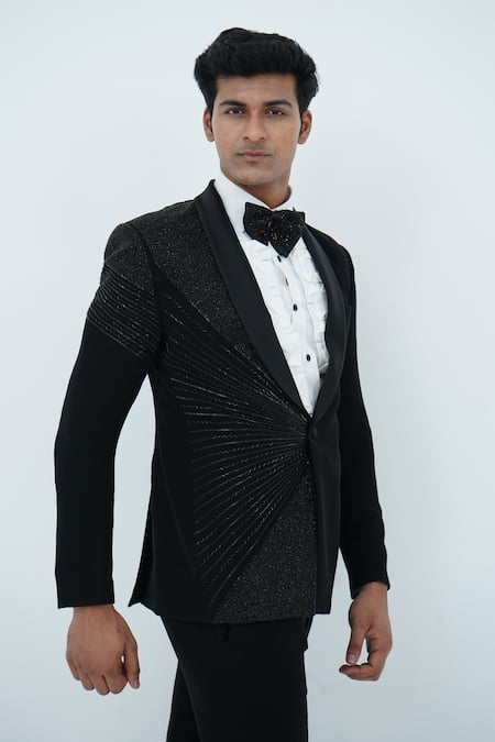 Shop_Zardozi Zari_Black Cotton Zari, Beads Geometric Pattern Embroidered Tuxedo Set _Online_at_Aza_Fashions