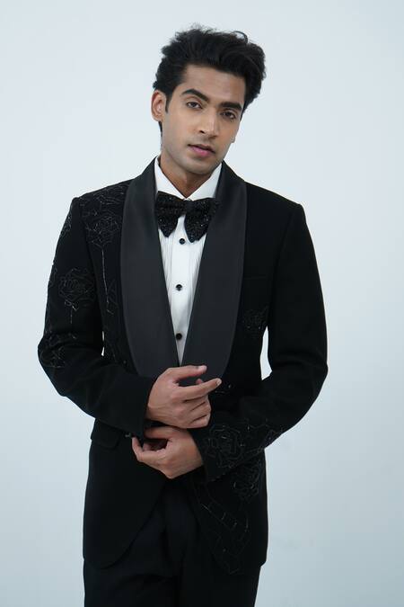 Zardozi Zari_Black Silk, Polyester, Cotton, Jacquard Beads, Zari Hand Embroidered Tuxedo Set _Online_at_Aza_Fashions