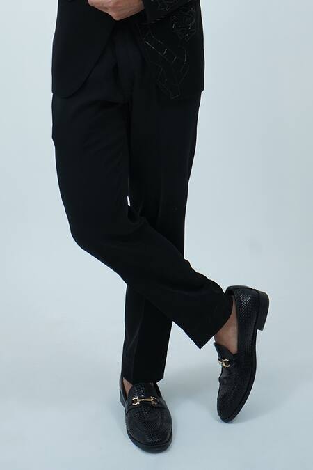 Buy_Zardozi Zari_Black Silk, Polyester, Cotton, Jacquard Beads, Zari Hand Embroidered Tuxedo Set _Online_at_Aza_Fashions