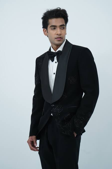 Shop_Zardozi Zari_Black Silk, Polyester, Cotton, Jacquard Beads, Zari Hand Embroidered Tuxedo Set _Online_at_Aza_Fashions