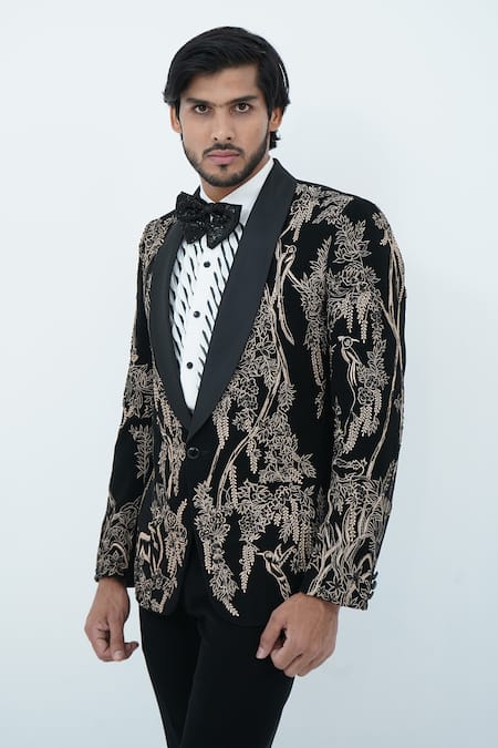 Zardozi Zari_Black Cotton, Silk Beads, Zari Jungle Pattern Embroidered Tuxedo Set _Online_at_Aza_Fashions