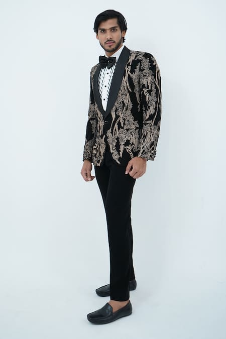 Shop_Zardozi Zari_Black Cotton, Silk Beads, Zari Jungle Pattern Embroidered Tuxedo Set _Online_at_Aza_Fashions