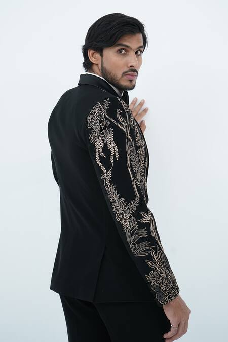 Zardozi Zari_Black Cotton, Silk Beads, Zari Jungle Pattern Embroidered Tuxedo Set _at_Aza_Fashions