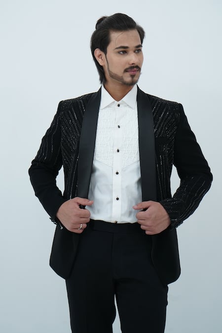 Zardozi Zari Stripe Pattern Embroidered Tuxedo Set 