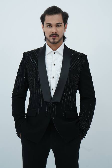 Zardozi Zari_Black Cotton Beads, Zari Stripe Pattern Embroidered Tuxedo Set _Online_at_Aza_Fashions