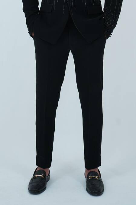Buy_Zardozi Zari_Black Cotton Beads, Zari Stripe Pattern Embroidered Tuxedo Set _Online_at_Aza_Fashions