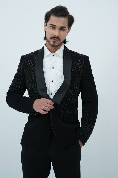 Shop_Zardozi Zari_Black Cotton Beads, Zari Stripe Pattern Embroidered Tuxedo Set _Online_at_Aza_Fashions