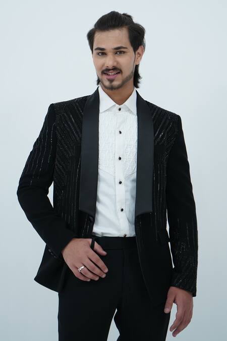Zardozi Zari_Black Cotton Beads, Zari Stripe Pattern Embroidered Tuxedo Set _at_Aza_Fashions