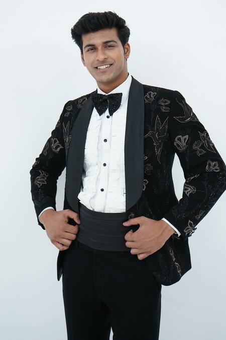 Buy_Zardozi Zari_Black Cotton, Silk Zari, Beads Hand Embroidered Tuxedo Set _Online_at_Aza_Fashions