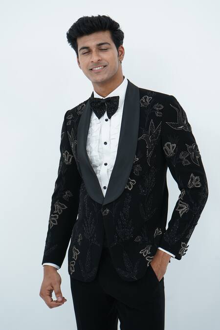 Shop_Zardozi Zari_Black Cotton, Silk Zari, Beads Hand Embroidered Tuxedo Set _Online_at_Aza_Fashions