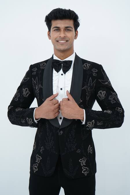 Zardozi Zari_Black Cotton, Silk Zari, Beads Hand Embroidered Tuxedo Set _at_Aza_Fashions
