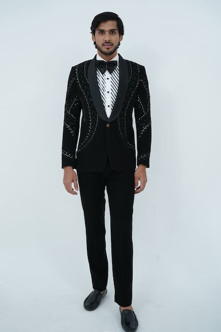 Zardozi Zari Black Japanese Suiting Fabric Hand Embroidered Sequin And Beads Tuxedo Set 