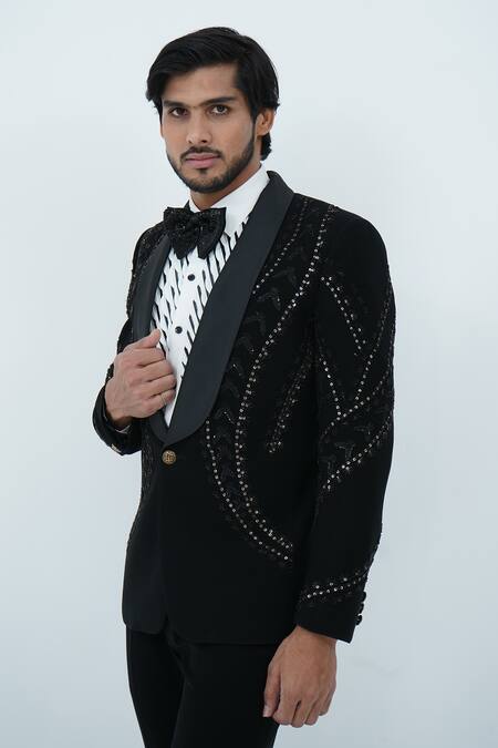 Zardozi Zari_Black Cotton, Silk Beads, Zari Sequin And Embroidered Tuxedo Set _Online_at_Aza_Fashions