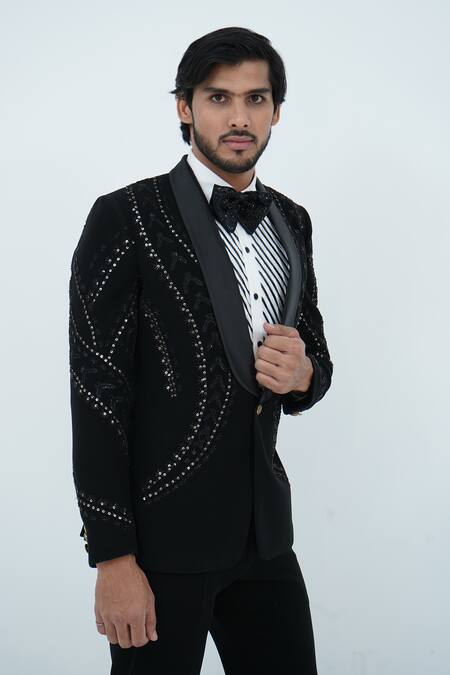 Shop_Zardozi Zari_Black Cotton, Silk Beads, Zari Sequin And Embroidered Tuxedo Set _Online_at_Aza_Fashions