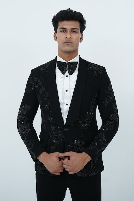 Zardozi Zari_Black Jacquard Beads, Zari Floral Pattern Embroidered Tuxedo Set _Online_at_Aza_Fashions
