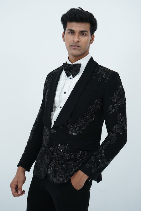 Shop_Zardozi Zari_Black Jacquard Beads, Zari Floral Pattern Embroidered Tuxedo Set _Online_at_Aza_Fashions