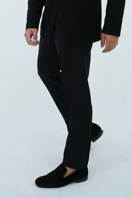 Zardozi Zari_Black Jersey, Cotton, Silk Beads, Zari Leaf Pattern Embroidered Tuxedo Set _Online_at_Aza_Fashions