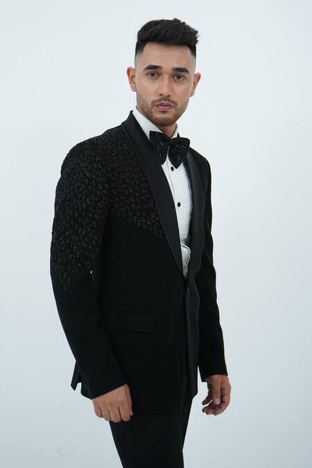 Buy_Zardozi Zari_Black Jersey, Cotton, Silk Beads, Zari Leaf Pattern Embroidered Tuxedo Set _Online_at_Aza_Fashions