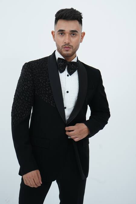 Shop_Zardozi Zari_Black Jersey, Cotton, Silk Beads, Zari Leaf Pattern Embroidered Tuxedo Set _Online_at_Aza_Fashions