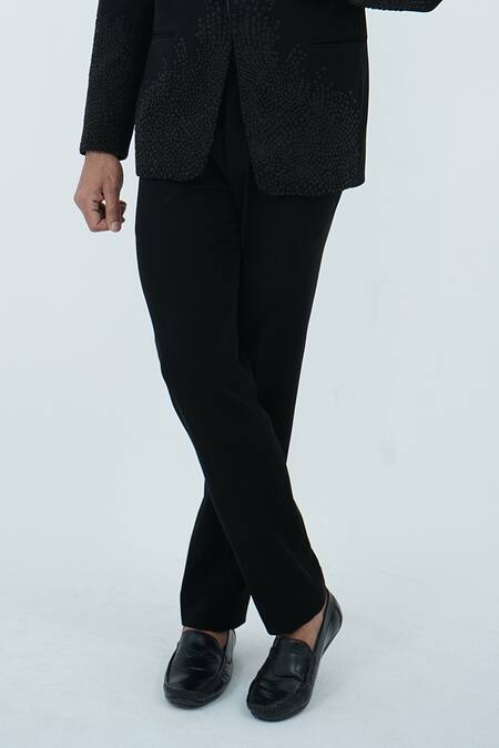 Zardozi Zari_Black Polyester, Cotton Zari, Beads Scattering Pattern Embroidered Tuxedo Set _Online_at_Aza_Fashions