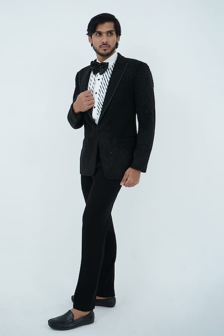 Buy_Zardozi Zari_Black Polyester, Cotton Zari, Beads Scattering Pattern Embroidered Tuxedo Set _Online_at_Aza_Fashions