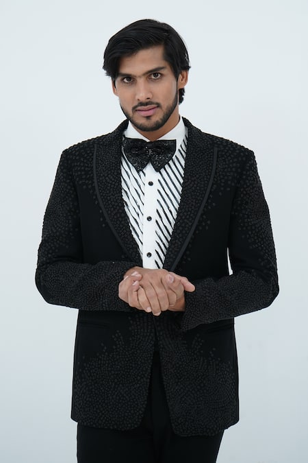 Shop_Zardozi Zari_Black Polyester, Cotton Zari, Beads Scattering Pattern Embroidered Tuxedo Set _Online_at_Aza_Fashions