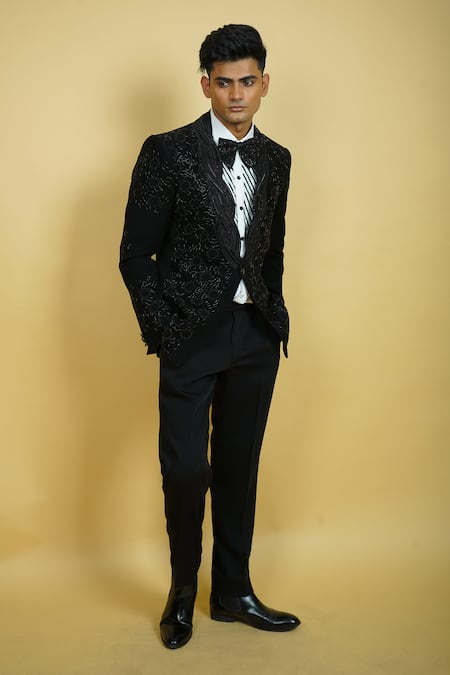 Zardozi Zari Black Honeycomb Pattern Embroidered Tuxedo Set 